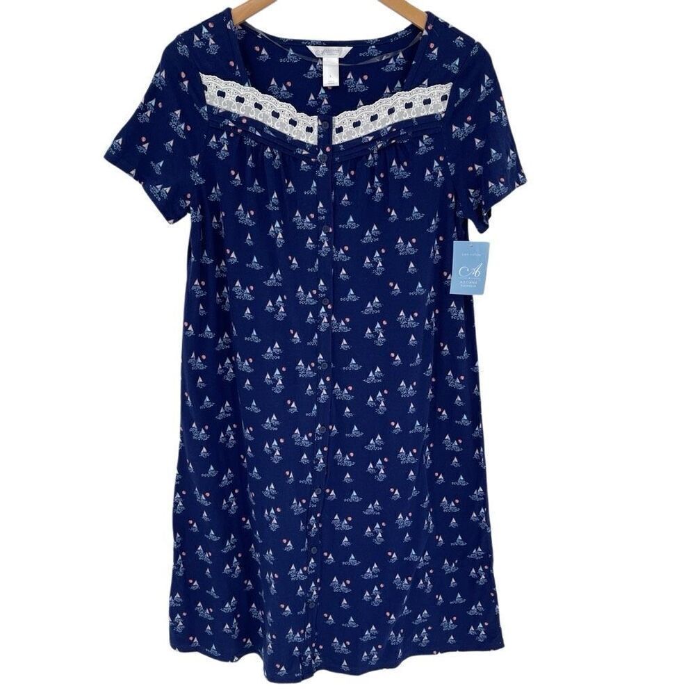 Adonna Sleepwear 100% Cotton Navy Blue Boat Sleepwear‎ Nightgown Women Small NWT